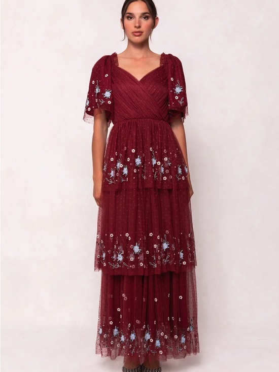 Ivy City Co Dresses & Skirts - Women's Burgundy Tiered Embroidered Tulle Dress